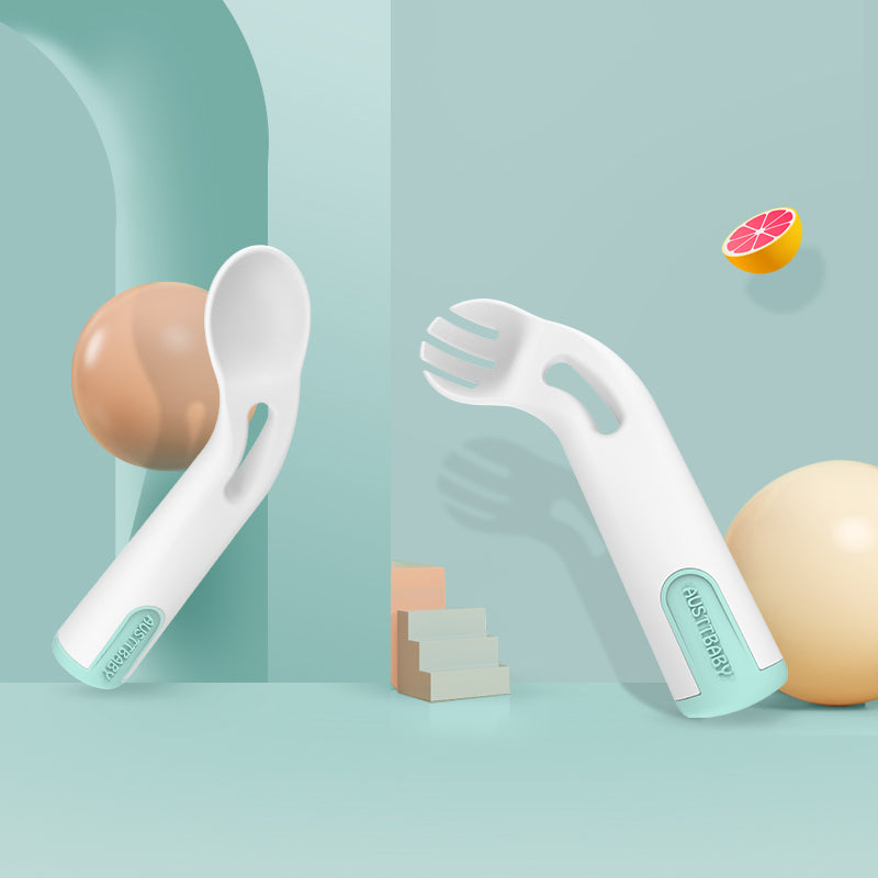 Kids Training Utensil Set - Curved Spoon and Fork for Toddlers, BPA-Free Baby Led Weaning Supplies, 12.8cm (Mint Green, Pink)