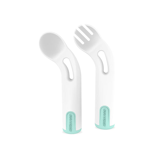 Kids Training Utensil Set - Curved Spoon and Fork for Toddlers, BPA-Free Baby Led Weaning Supplies, 12.8cm (Mint Green, Pink)