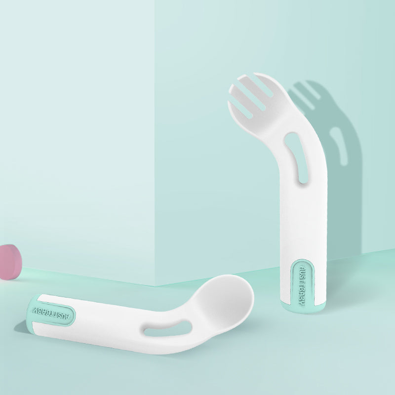 Kids Training Utensil Set - Curved Spoon and Fork for Toddlers, BPA-Free Baby Led Weaning Supplies, 12.8cm (Mint Green, Pink)
