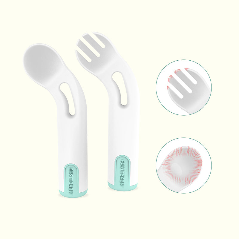 Kids Training Utensil Set - Curved Spoon and Fork for Toddlers, BPA-Free Baby Led Weaning Supplies, 12.8cm (Mint Green, Pink)