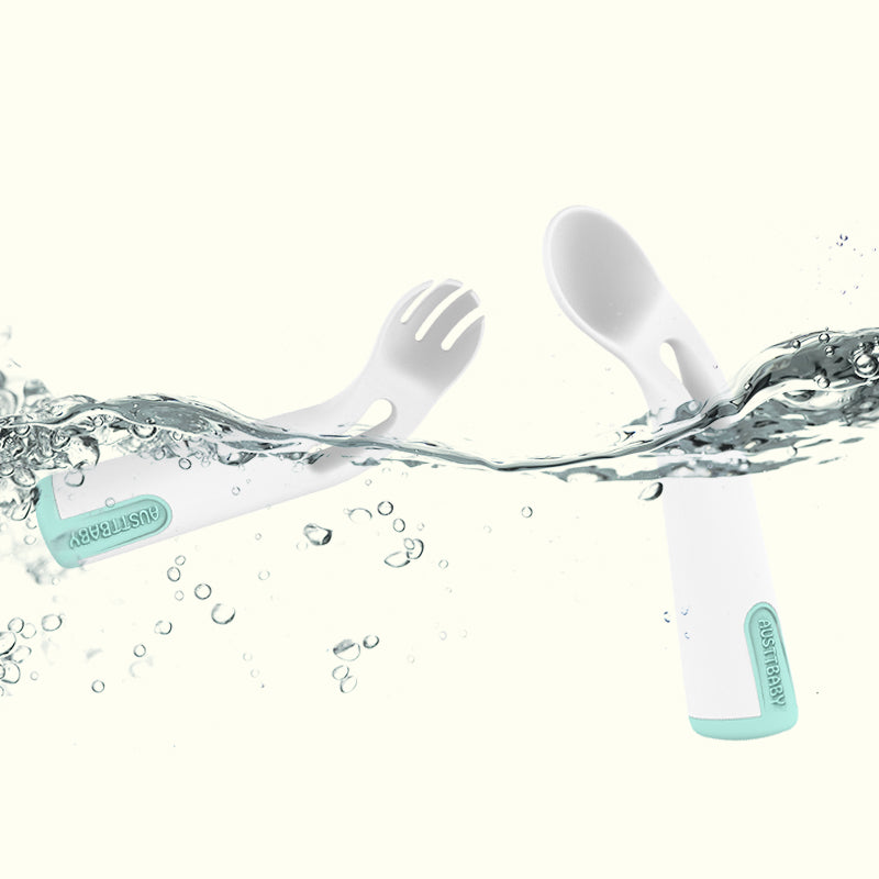 Kids Training Utensil Set - Curved Spoon and Fork for Toddlers, BPA-Free Baby Led Weaning Supplies, 12.8cm (Mint Green, Pink)