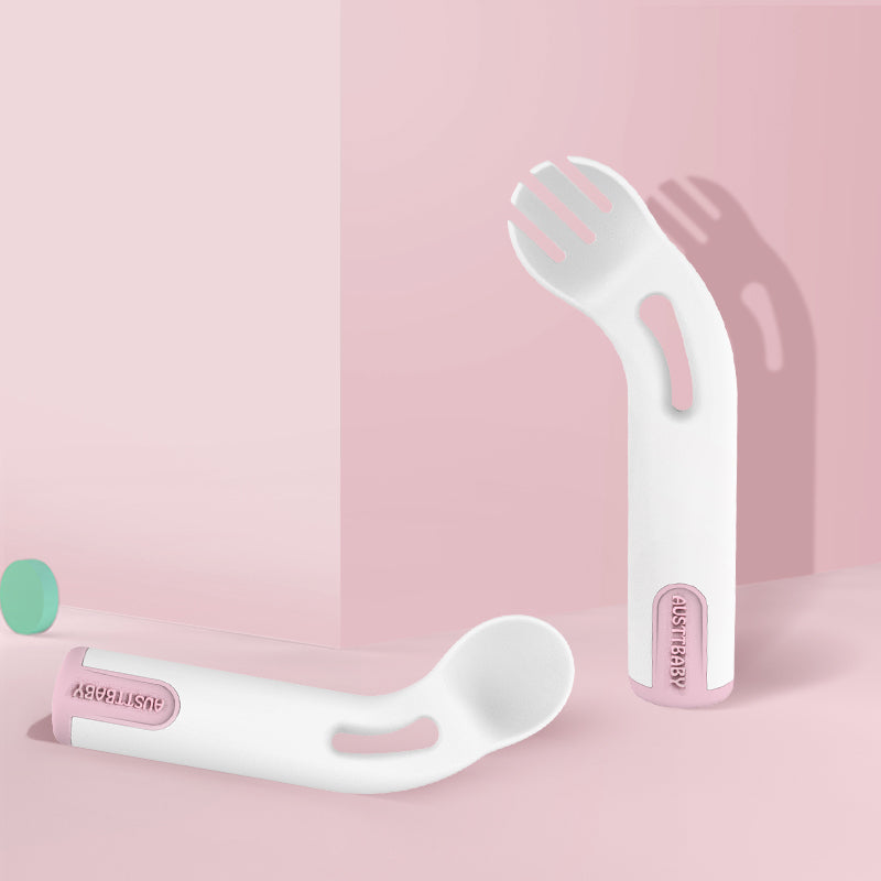 Kids Training Utensil Set - Curved Spoon and Fork for Toddlers, BPA-Free Baby Led Weaning Supplies, 12.8cm (Mint Green, Pink)